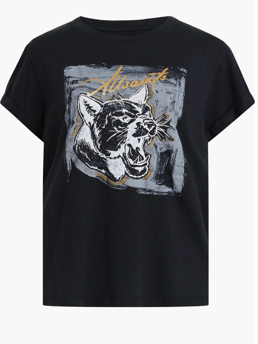 AllSaints Black Tee with Gold Script and Gray Artwork